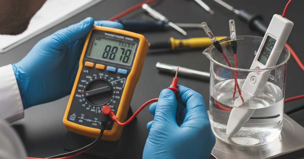 استخدام جهاز المولتيميتر الرقمي في طريقة فحص حساس الحرارة للتأكد من استجابة الحساس لتغيرات درجات حرارة السوائل وتطابق القيم المسجلة