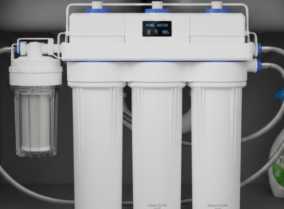 فلتر تحلية مياه منزلي أبيض متطور بنظام 5 مراحل مزود بشاشة ديجيتال لمراقبة نقاء المياه تحت الحوض.