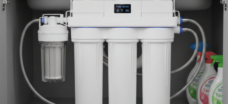 فلتر تحلية مياه منزلي أبيض متطور بنظام 5 مراحل مزود بشاشة ديجيتال لمراقبة نقاء المياه تحت الحوض.
