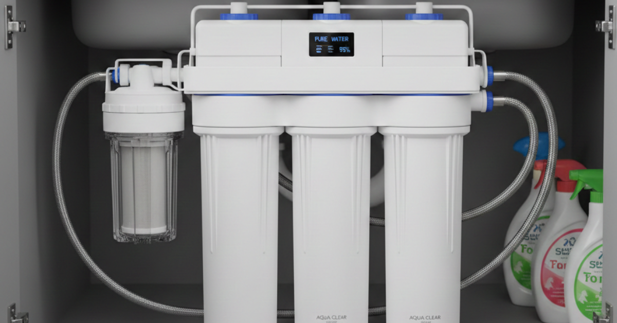 فلتر تحلية مياه منزلي أبيض متطور بنظام 5 مراحل مزود بشاشة ديجيتال لمراقبة نقاء المياه تحت الحوض.