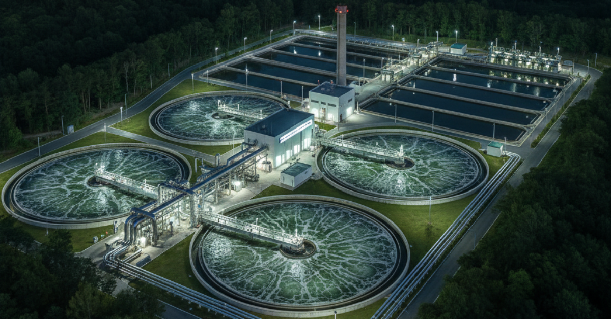 محطة معالجة تعمل ليلاً بكفاءة عالية، تعكس فوائد معالجة مياه الصرف الصحي في حماية البيئة من التلوث على مدار الساعة.
