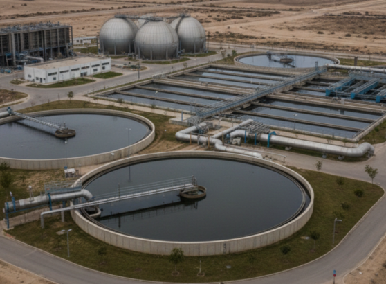 لقطة علوية لمنشأة صناعية متطورة تظهر فوائد معالجة مياه الصرف الصحي من خلال توفير مياه صالحة للاستخدامات الزراعية والصناعية.