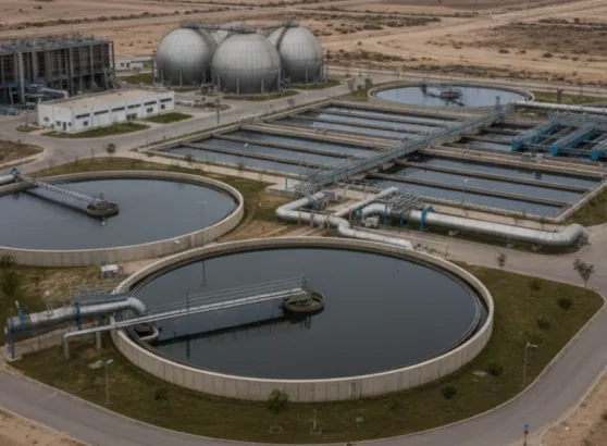 لقطة علوية لمنشأة صناعية متطورة تظهر فوائد معالجة مياه الصرف الصحي من خلال توفير مياه صالحة للاستخدامات الزراعية والصناعية.