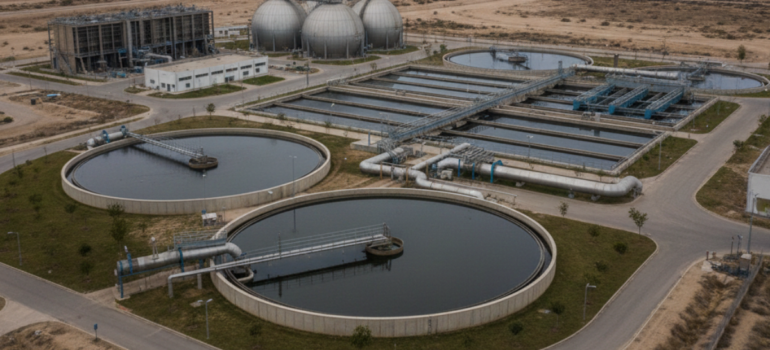 لقطة علوية لمنشأة صناعية متطورة تظهر فوائد معالجة مياه الصرف الصحي من خلال توفير مياه صالحة للاستخدامات الزراعية والصناعية.