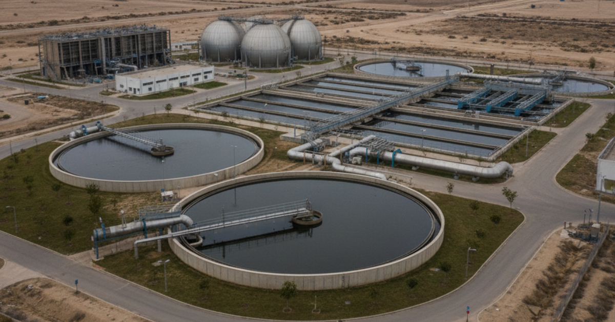 لقطة علوية لمنشأة صناعية متطورة تظهر فوائد معالجة مياه الصرف الصحي من خلال توفير مياه صالحة للاستخدامات الزراعية والصناعية.