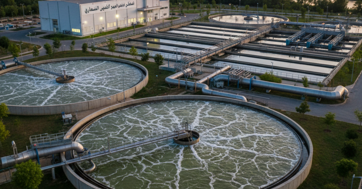 أحواض دائرية حديثة توضح إحدى مراحل تنقية المياه، مما يبرز فوائد معالجة مياه الصرف الصحي في الحفاظ على الموارد المائية.
