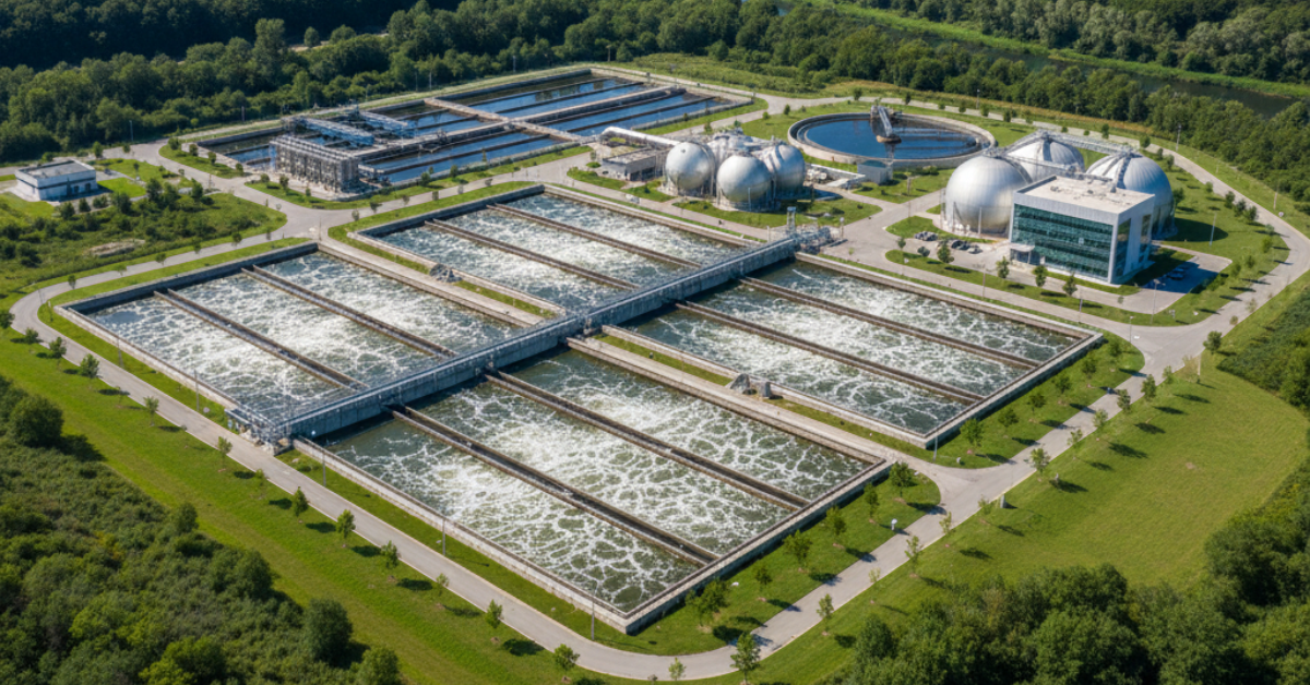 مشهد بانورامي لمحطة معالجة وسط مساحات خضراء، يجسد أهمية و فوائد معالجة مياه الصرف الصحي في تحقيق التنمية المستدامة.