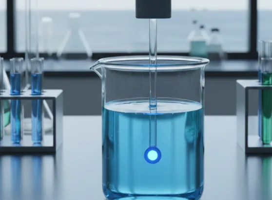 لقطة قريبة لجهاز قياس رقمي موصل بقطب كهربائي مغمور في عينة سائلة لإجراء قياس الملوحة في الماء، ويظهر باحث يدون النتائج في سجل بجانب جهاز حاسوب