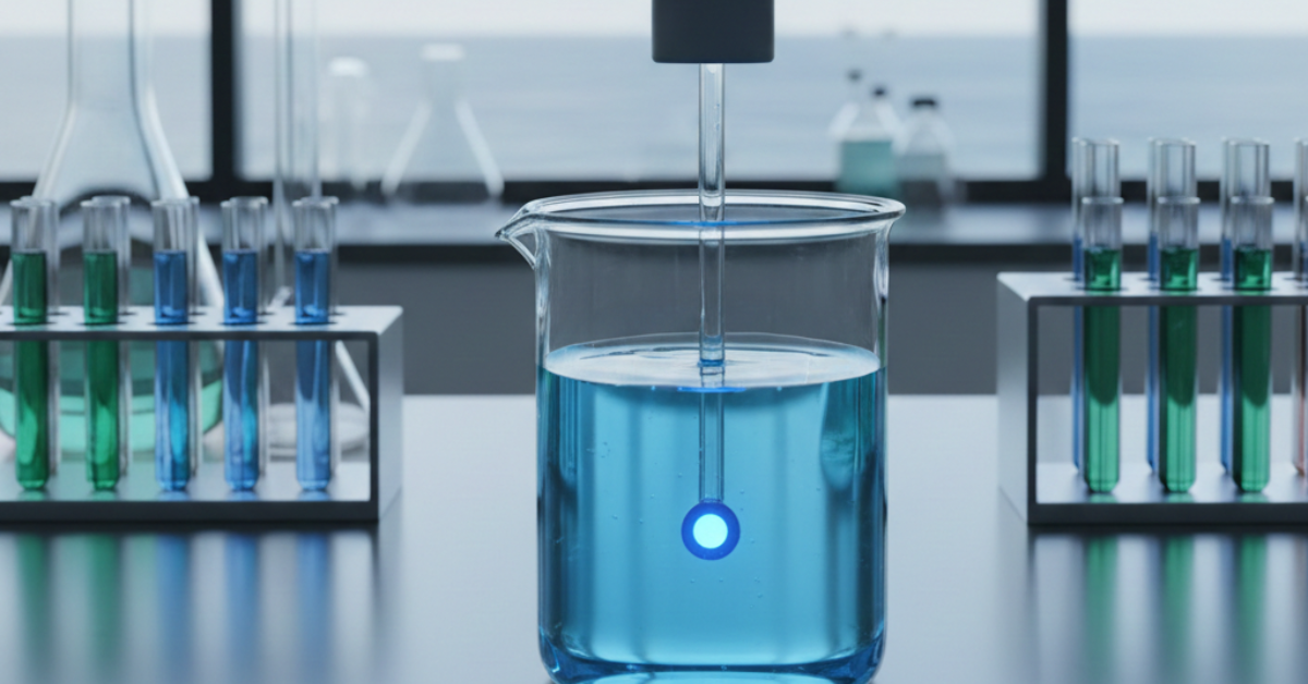 لقطة قريبة لجهاز قياس رقمي موصل بقطب كهربائي مغمور في عينة سائلة لإجراء قياس الملوحة في الماء، ويظهر باحث يدون النتائج في سجل بجانب جهاز حاسوب