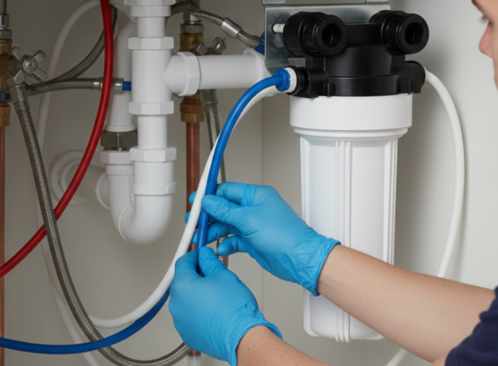 فني يرتدي قفازات زرقاء يقوم بتوصيل الأنابيب المرنة بالفلتر، موضحاً كيف تركيب فلتر الماء أسفل المجلى بطريقة احترافية.