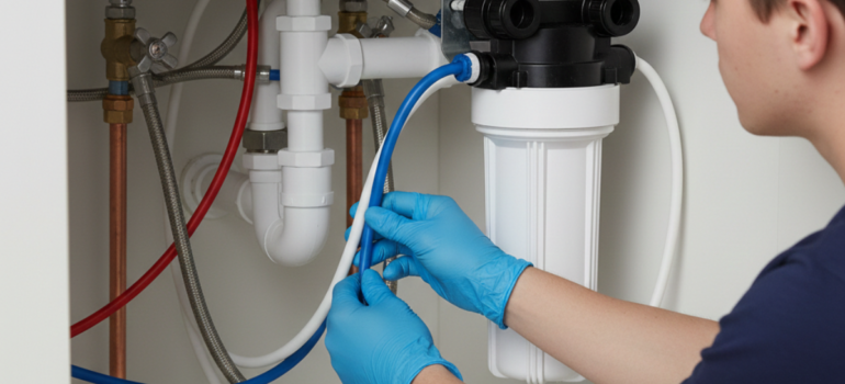 فني يرتدي قفازات زرقاء يقوم بتوصيل الأنابيب المرنة بالفلتر، موضحاً كيف تركيب فلتر الماء أسفل المجلى بطريقة احترافية.