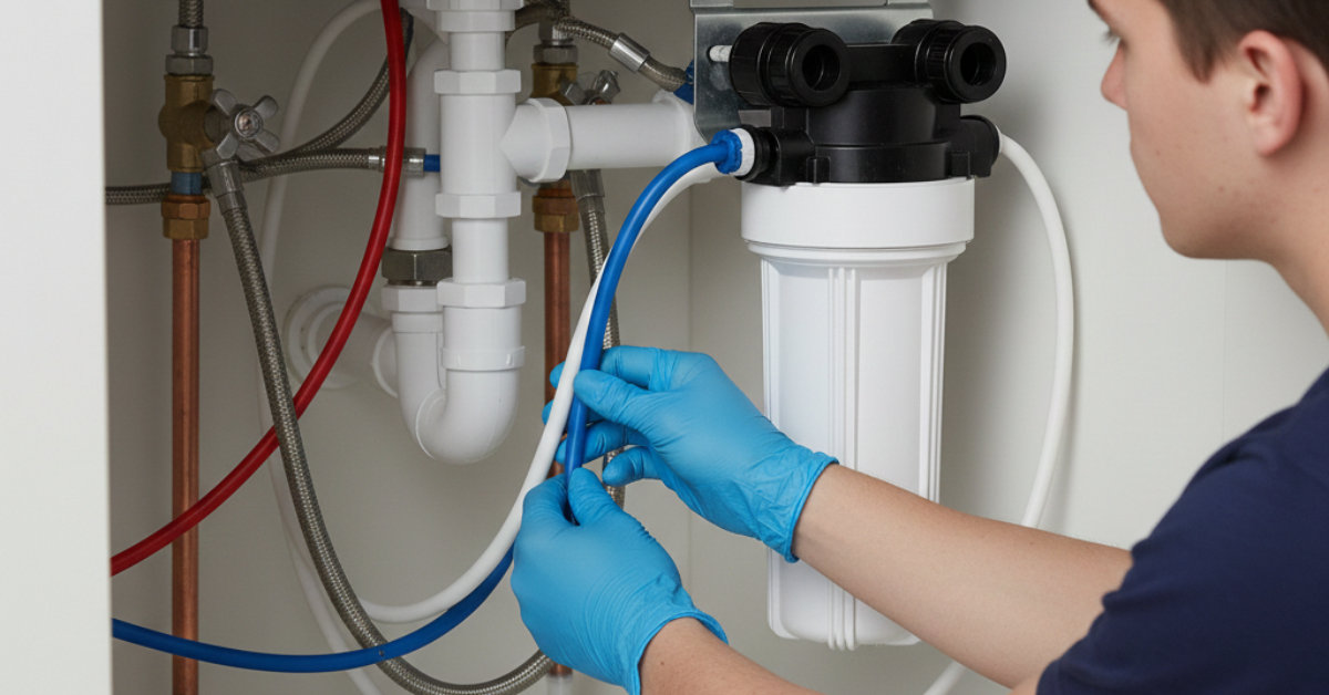 فني يرتدي قفازات زرقاء يقوم بتوصيل الأنابيب المرنة بالفلتر، موضحاً كيف تركيب فلتر الماء أسفل المجلى بطريقة احترافية.