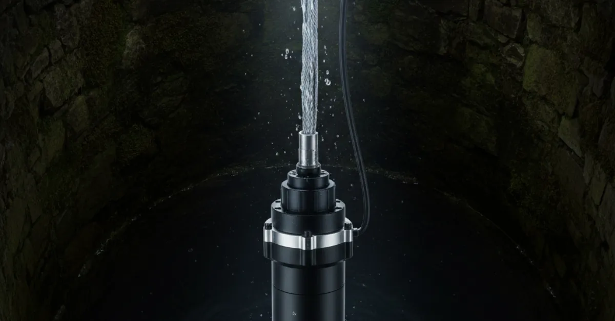 مضخة مياه غاطسة قوية مثبتة داخل بئر عميق تقوم بسحب ورفع المياه إلى الأعلى