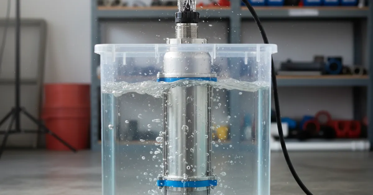 اختبار تشغيل مضخة مياه غاطسة داخل حوض زجاجي شفاف يظهر قوة دفع المياه من الأعلى