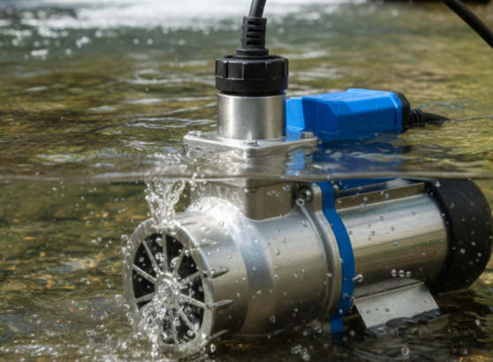 مضخة مياه غاطسة من الفولاذ المقاوم للصدأ تعمل تحت سطح مياه جارية في نهر أو مجرى مائي