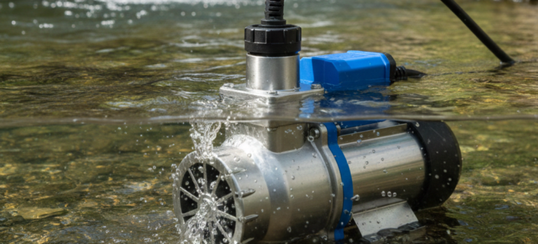 مضخة مياه غاطسة من الفولاذ المقاوم للصدأ تعمل تحت سطح مياه جارية في نهر أو مجرى مائي