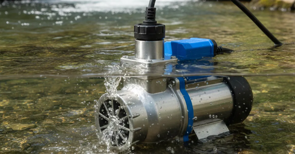 مضخة مياه غاطسة من الفولاذ المقاوم للصدأ تعمل تحت سطح مياه جارية في نهر أو مجرى مائي