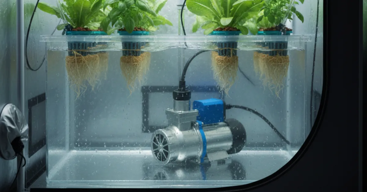 استخدام مضخة مياه غاطسة صغيرة داخل نظام زراعة مائية (هيدروبونيك) لتجديد المياه وتغذية جذور النباتات.