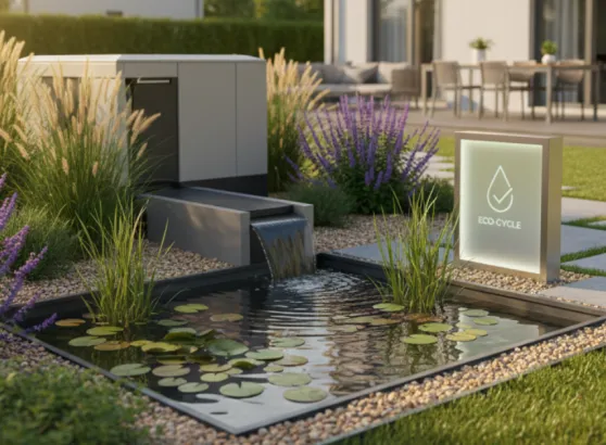 تقنية صديقة للبيئة لعملية معالجة مياه الصرف الصحي المنزلي تظهر في بركة مياه مزينة بالنباتات، مع وجود وحدة معالجة متطورة وشاشة توضح كفاءة دورة المياه.