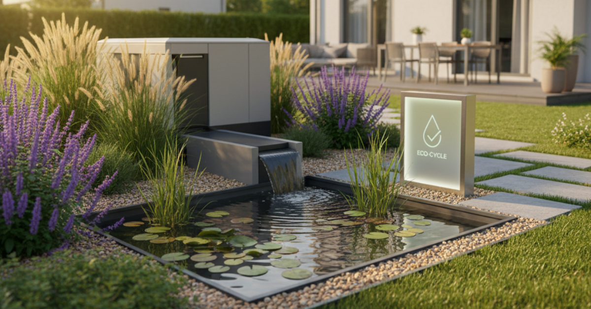 تقنية صديقة للبيئة لعملية معالجة مياه الصرف الصحي المنزلي تظهر في بركة مياه مزينة بالنباتات، مع وجود وحدة معالجة متطورة وشاشة توضح كفاءة دورة المياه.