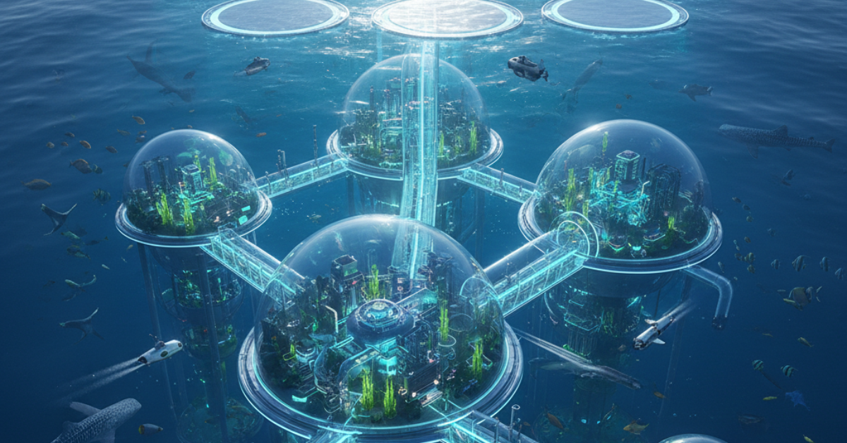 رؤية خيالية علمية لمحطات تحت الماء تمثل طموحات أحدث طرق تحلية مياه البحر، وتتكون من قباب زجاجية متصلة في أعماق المحيط تعمل بتقنيات حيوية وكهربائية متطورة.