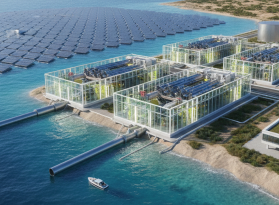 منشأة تقنية متقدمة تعتمد على أحدث طرق تحلية مياه البحر، حيث تظهر وحدات معالجة زجاجية شفافة متصلة بأنابيب ضخ ضخمة ومساحات واسعة من الخلايا الشمسية العائمة فوق سطح الماء.