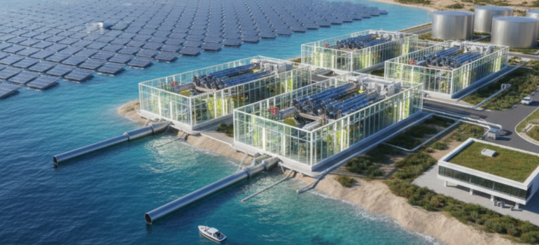 منشأة تقنية متقدمة تعتمد على أحدث طرق تحلية مياه البحر، حيث تظهر وحدات معالجة زجاجية شفافة متصلة بأنابيب ضخ ضخمة ومساحات واسعة من الخلايا الشمسية العائمة فوق سطح الماء.