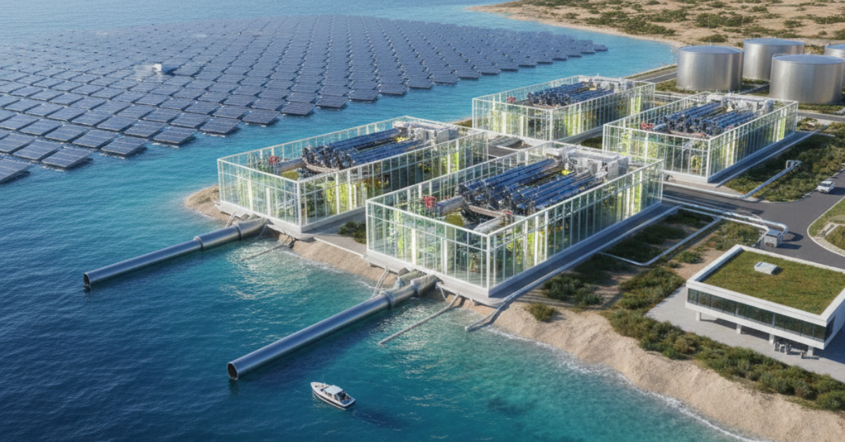 منشأة تقنية متقدمة تعتمد على أحدث طرق تحلية مياه البحر، حيث تظهر وحدات معالجة زجاجية شفافة متصلة بأنابيب ضخ ضخمة ومساحات واسعة من الخلايا الشمسية العائمة فوق سطح الماء.