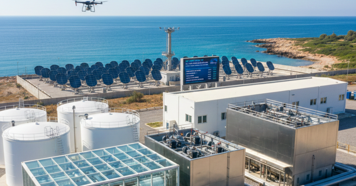 محطة تحلية مياه واقعية متطورة توضح أحدث طرق تحلية مياه البحر عبر دمج الألواح الشمسية الكهروضوئية مع وحدات المعالجة الحديثة وخزانات التخزين لضمان كفاءة الطاقة.