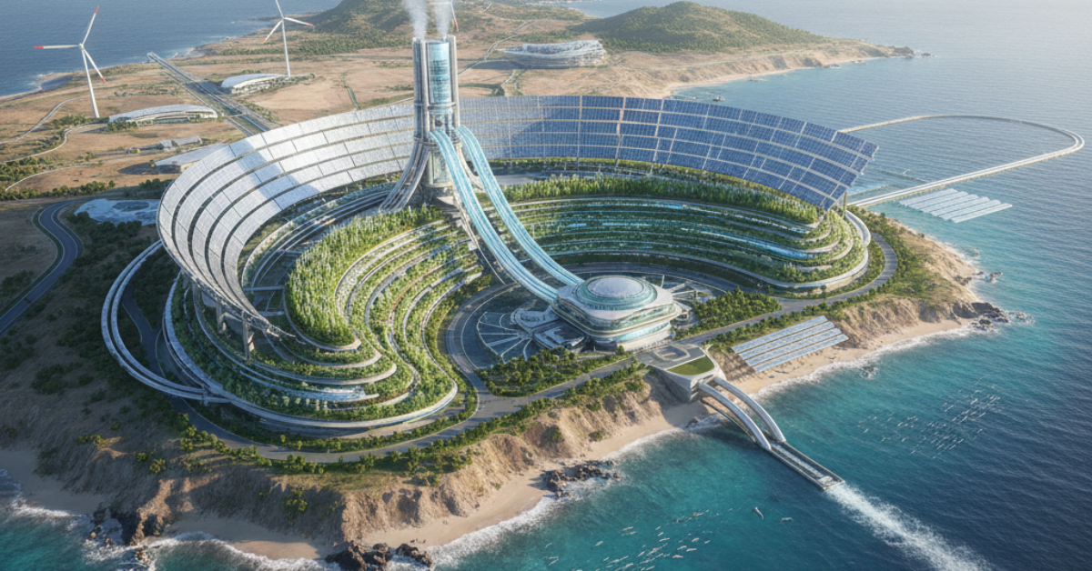 تصميم هندسي مستقبلي لمنشأة ساحلية عملاقة تبرز أحدث طرق تحلية مياه البحر باستخدام الطاقة الشمسية المركزة والمساحات الخضراء المتدرجة لإنتاج مياه عذبة بطريقة مستدامة.