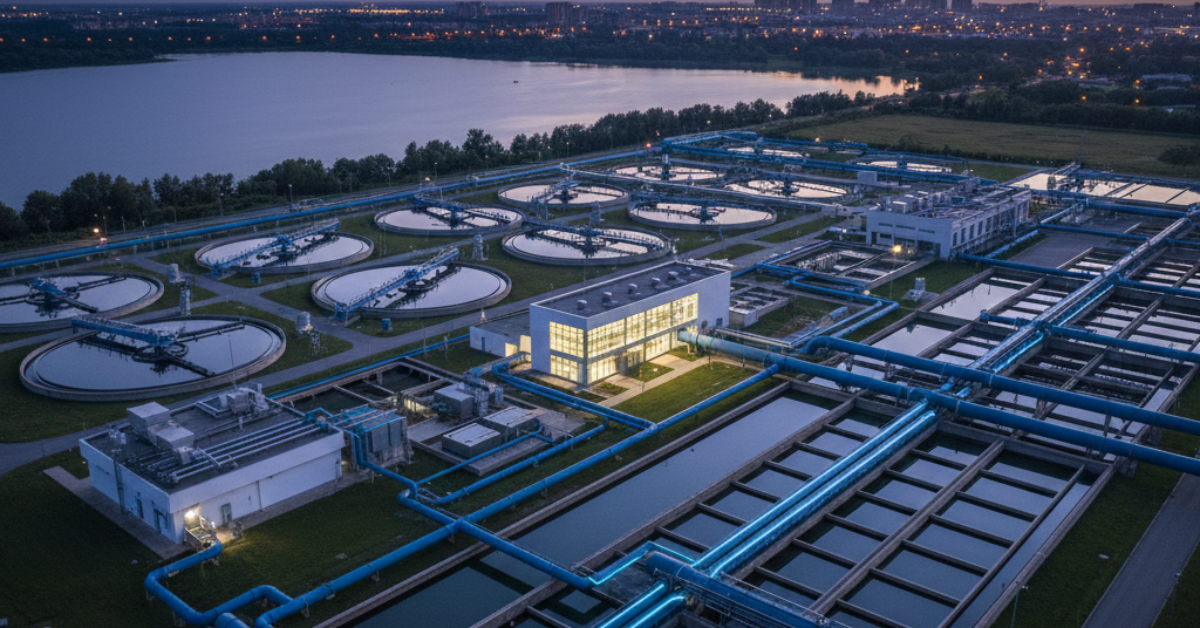 لقطة جوية واسعة لمحطة تنقية تبرز أنواع معالجة المياه المختلفة، حيث تظهر أحواض المعالجة البيولوجية الدائرية بجانب وحدات الفلترة النهائية بالقرب من مسطح مائي طبيعي.