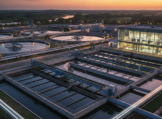 صورة قريبة لمنشأة صناعية تستخدم أنواع معالجة المياه المتقدمة، تظهر فيها أحواض الترسيب الأولية والمبنى الإداري للمحطة بتصميم زجاجي عصري أثناء وقت الشفق.