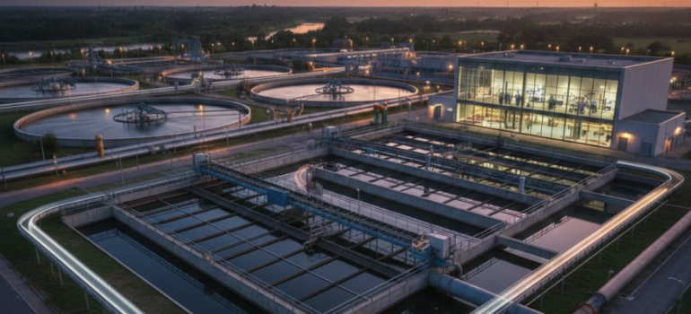 صورة قريبة لمنشأة صناعية تستخدم أنواع معالجة المياه المتقدمة، تظهر فيها أحواض الترسيب الأولية والمبنى الإداري للمحطة بتصميم زجاجي عصري أثناء وقت الشفق.