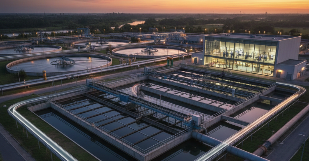 صورة قريبة لمنشأة صناعية تستخدم أنواع معالجة المياه المتقدمة، تظهر فيها أحواض الترسيب الأولية والمبنى الإداري للمحطة بتصميم زجاجي عصري أثناء وقت الشفق.