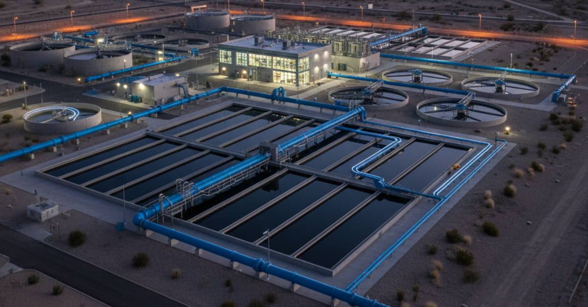 محطة حديثة توضح أنواع معالجة المياه في المناطق الصحراوية، تظهر فيها أحواض الترسيب المستطيلة والأنابيب الزرقاء الضخمة لنقل المياه تحت أضواء الغروب.