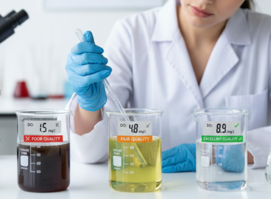عالمة في المختبر تقارن بين ثلاث عينات من المياه، حيث تظهر النتائج تفاوت مستويات الأكسجين المذاب (DO) بين الجودة السيئة والعادلة والممتازة، مما يوضح أهمية جودة الماء في الحفاظ على بيئة صحية.