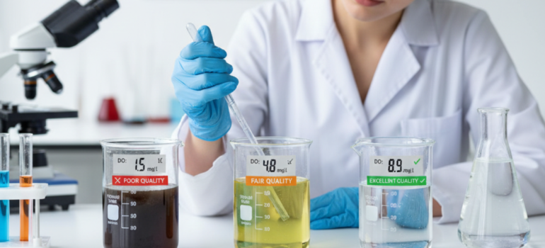 عالمة في المختبر تقارن بين ثلاث عينات من المياه، حيث تظهر النتائج تفاوت مستويات الأكسجين المذاب (DO) بين الجودة السيئة والعادلة والممتازة، مما يوضح أهمية جودة الماء في الحفاظ على بيئة صحية.