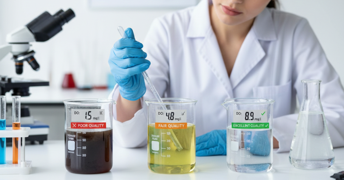 عالمة في المختبر تقارن بين ثلاث عينات من المياه، حيث تظهر النتائج تفاوت مستويات الأكسجين المذاب (DO) بين الجودة السيئة والعادلة والممتازة، مما يوضح أهمية جودة الماء في الحفاظ على بيئة صحية.