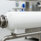 صورة قريبة لوعاء ضغط أبيض (Membrane Housing) يحتوي على الفلاتر، حيث يتطلب صيانة دورية لتجنب تراكم الأملاح وانسداد أغشية التناضح العكسي.