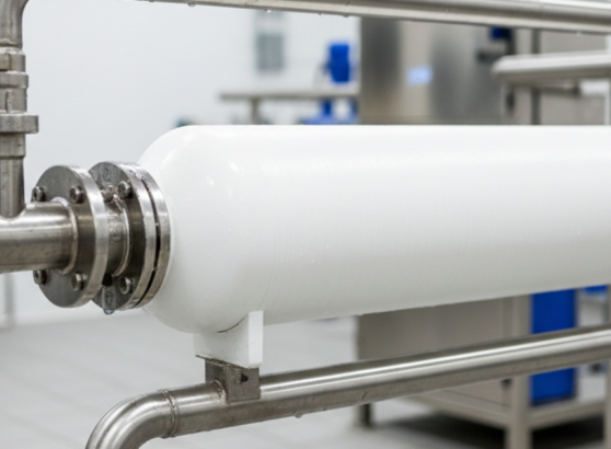 صورة قريبة لوعاء ضغط أبيض (Membrane Housing) يحتوي على الفلاتر، حيث يتطلب صيانة دورية لتجنب تراكم الأملاح وانسداد أغشية التناضح العكسي.