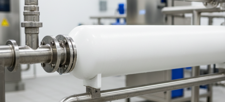 صورة قريبة لوعاء ضغط أبيض (Membrane Housing) يحتوي على الفلاتر، حيث يتطلب صيانة دورية لتجنب تراكم الأملاح وانسداد أغشية التناضح العكسي.