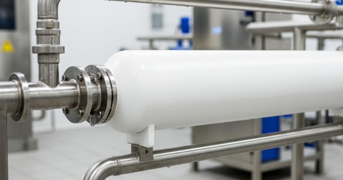 صورة قريبة لوعاء ضغط أبيض (Membrane Housing) يحتوي على الفلاتر، حيث يتطلب صيانة دورية لتجنب تراكم الأملاح وانسداد أغشية التناضح العكسي.