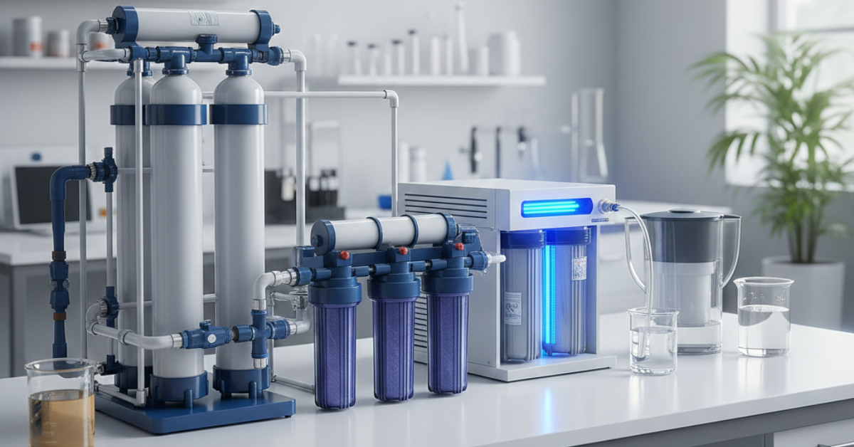 منظومة متكاملة توضح تقنيات تصفية المياه المخبرية، تشمل أسطوانات ضغط بيضاء وفلاتر زرقاء موصلة بأنابيب دقيقة، مع وحدة تعقيم بالأشعة فوق البنفسجية لضمان نقاء المياه بنسبة عالية.