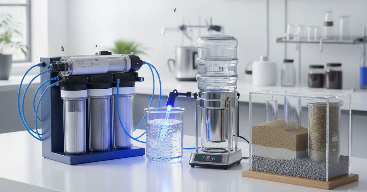 عرض توضيحي لمختلف تقنيات تصفية المياه يجمع بين الفلترة الميكانيكية التقليدية وجهاز التقطير، مع تسليط ضوء أزرق يرمز لعملية التطهير بالـ UV داخل بيئة معملية نظيفة.