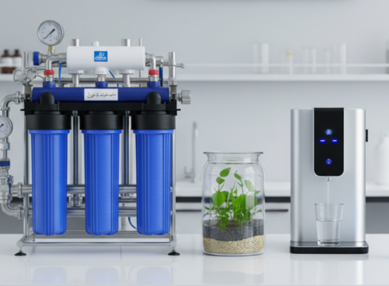 جهاز منزلي حديث لاستعراض تقنيات تصفية المياه المتعددة، يظهر فيه فلتر كربوني ثلاثي المراحل بجانب موزّع مياه ذكي ونموذج حي لطبقات الرمل والحصى المستخدمة في التنقية الطبيعية.