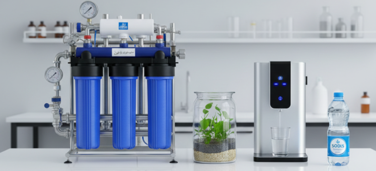 جهاز منزلي حديث لاستعراض تقنيات تصفية المياه المتعددة، يظهر فيه فلتر كربوني ثلاثي المراحل بجانب موزّع مياه ذكي ونموذج حي لطبقات الرمل والحصى المستخدمة في التنقية الطبيعية.