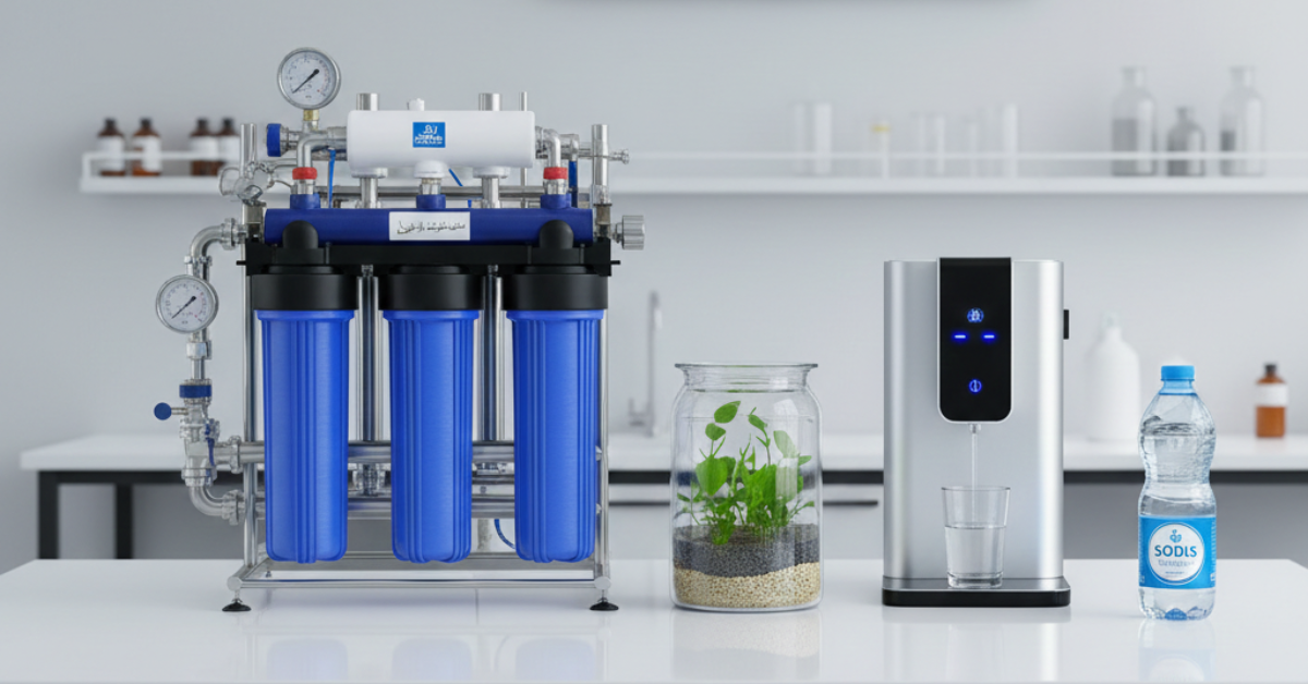 جهاز منزلي حديث لاستعراض تقنيات تصفية المياه المتعددة، يظهر فيه فلتر كربوني ثلاثي المراحل بجانب موزّع مياه ذكي ونموذج حي لطبقات الرمل والحصى المستخدمة في التنقية الطبيعية.