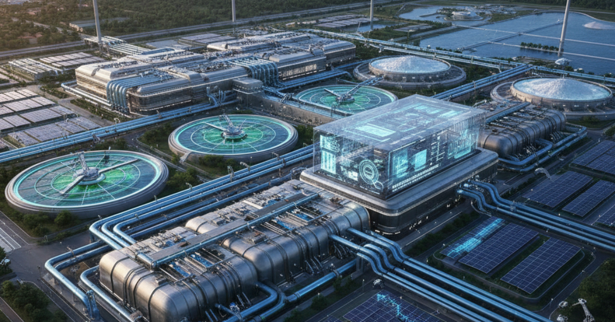 لقطة علوية نهارية لمحطة ضخمة تعتمد تقنيات معالجة المياه الحديثة، تظهر فيها أحواض دائرية وشبكة معقدة من الأنابيب ومساحات مدعومة بالطاقة الشمسية.