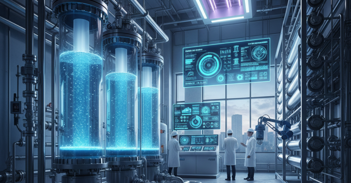 مهندسون في مختبر مراقبة متطور يتابعون تقنيات معالجة المياه الحديثة عبر شاشات رقمية تفاعلية بجانب أسطوانات ترشيح مياه مضيئة.