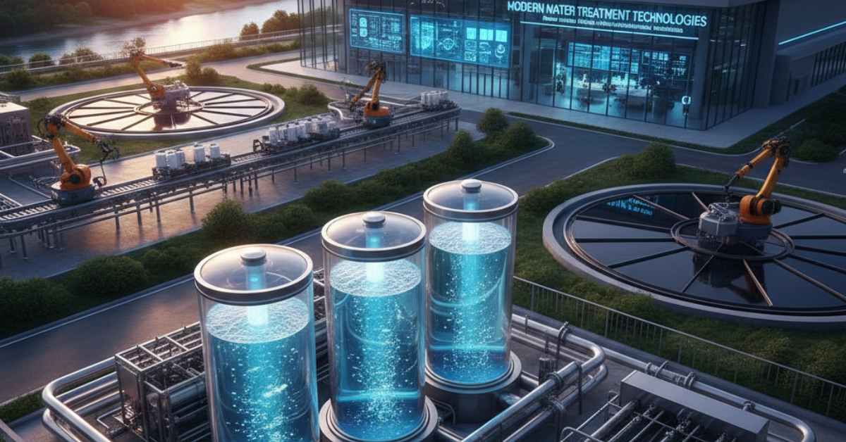 مشهد خارجي لمنشأة متطورة تستخدم تقنيات معالجة المياه الحديثة مع أذرع روبوتية ذكية وخزانات تنقية زجاجية شفافة تحت ضوء الشمس.